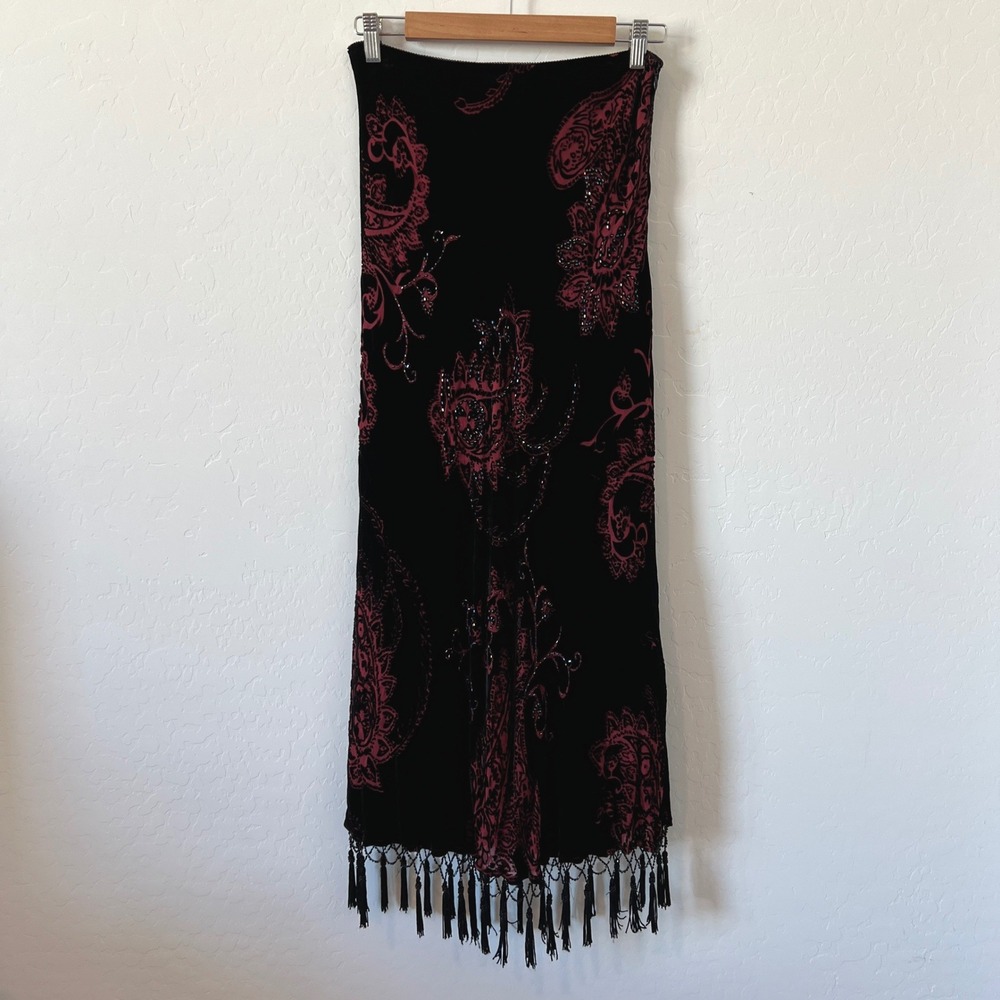 MSK Maxi Skirt Womens S Black Red Paisley Silk Blend Beaded Tassel Hem 90s